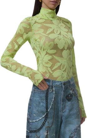 AFRM Zadie Turtleneck Sheer Lace Top in Lime Essence at Nordstrom, Size Medium
