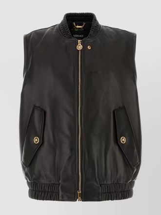 Versace leather jacket with elasticated hem and front pockets