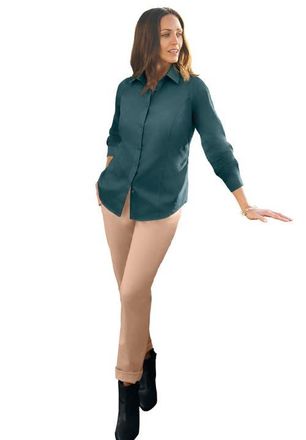 Jessica London Stretch Cotton Poplin Button Down Shirt in Mystic Pine at Nordstrom, Size 28