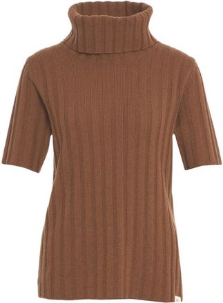 Peuterey Short-Sleeve Wool Knit Top With Ribbed Turtleneck