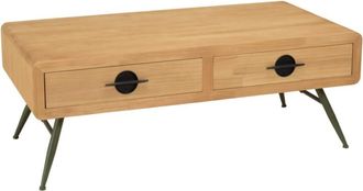 Macabane Mesa de centro 2 cajones de pino color natural con patas de metal verd