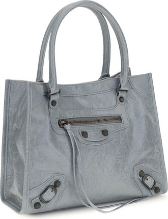 Balenciaga Womens Le City Tote Mini Handbag Blue Grey Lamb Ovis Aries Handbags Hand Bags