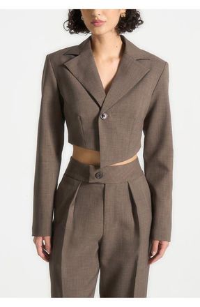 Mani&egrave;re De Voir Dina Asymmetric Tailored Cropped Blazer in Dark Taupe at Nordstrom, Size 10