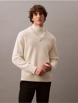 Calvin Klein Mens Wool Blend V-Neck Sweater - White - 2XL