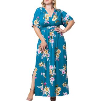 Kiyonna Vienna Maxi Dress in Teal Floral Print at Nordstrom, Size 0X