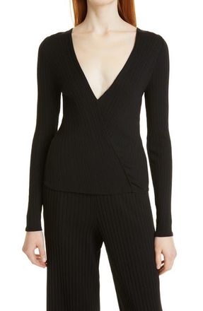 Vince Ribbed Long Sleeve Wrap Top in Black at Nordstrom, Size X-Large