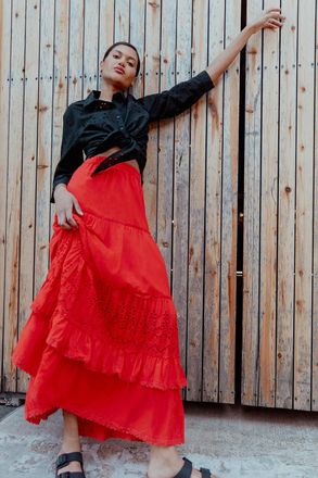 Roman Broderie Tiered Maxi Skirt