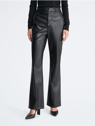 Calvin Klein Womens Faux Leather Flared Pants - Black - 24