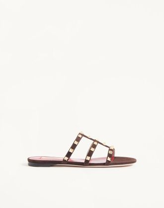 Valentino Garavani Rockstud Slide Sandal in Suede 05mm Woman EBONY 35.5