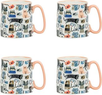 10 Strawberry Street Set Of 4 Bella Mugs: Coral Cat
