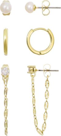 Adornia 14K Gold Plated Faux Pearl Stud, Huggie Hoop & Front/Back Earrings in Gold/White at Nordstrom Rack