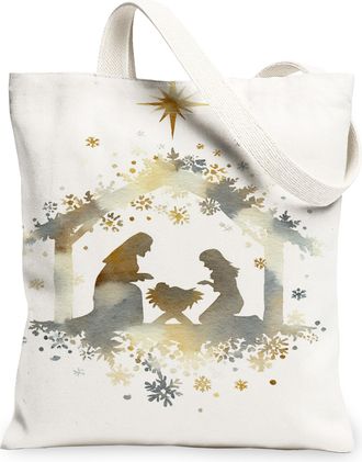 Generic Winter Nativity Scene Canvas Tote Bags, Elegant Christmas Design Reusable Grocery Bags, Lightweight Washable Shoulder Strap, White, 13x15 Inch