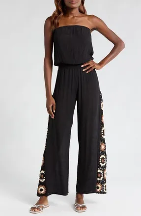 Elan Crochet Inset Strapless Cover-Up Jumpsuit in Black Multi at Nordstrom, Size Medium