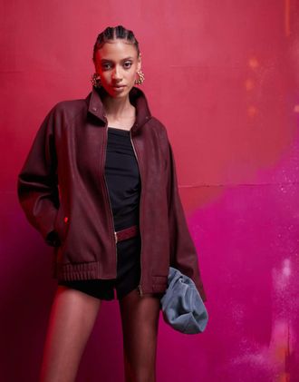 Asos Giacca bomber in pelle sintetica bordeaux-Rosso
