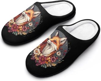 Generic Floral Fox Flowers Womens Slippers Warm House Slippers Indoor House Shoes with Anti-Skid Rubber Sole