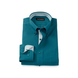 Paul Fredrick Slim Fit Non Iron Pinpoint Oxford Weave Dress Shirt with Trim in Dark Teal at Nordstrom, Size 16.5 - 33