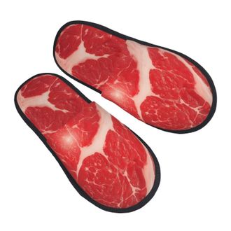 Generic Fuzzy Slippers Beef Steaks Print Fluffy Slippers Casual Flat Slides For Indoor Bedroom Travel L