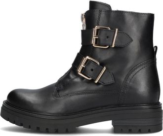 Omoda Schoenen, Dames, Zwart, 38 EU, Leer, Zwarte Bikerboots met Gouden Gespen
