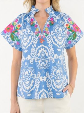 THML Clothing Embroidered Short Sleeve Top In Blue & White