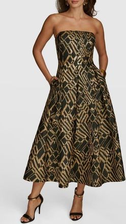 DKNY Strapless Jacquard Fit & Flare Dress in Black/Sand at Nordstrom, Size 12