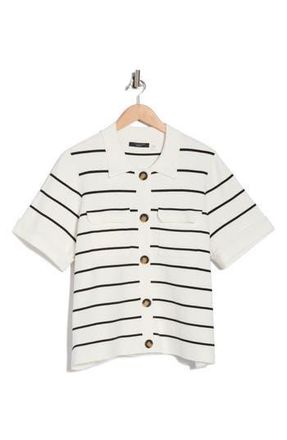 T Tahari Short Sleeve Button Front Cardigan in Snow Globe/Black Stripe at Nordstrom Rack, Size 1X