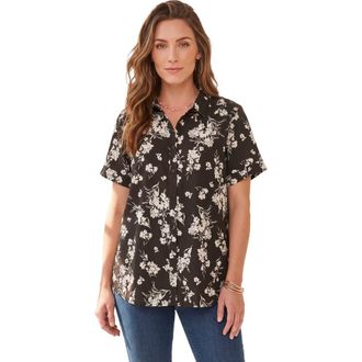 Roaman's Plus Size Kate Short Sleeve Easy Cotton-Blend Button-Front Shirt in Black Flat Floral at Nordstrom, Size 42