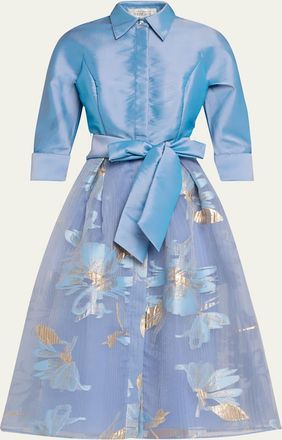 Teri Jon Taffeta & Floral Organza Midi Shirtdress