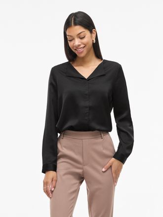 Vila Hemdbluse VILA VIELLETTE V-NECK L/S SATIN SHIRT - NOOS, Damen, Gr. 38, schwarz, Obermaterial: 100% Polyester, unifarben, regular fit normal, Blusen He