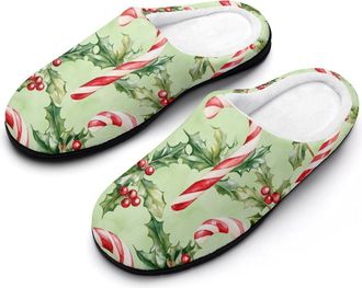 Generic Candy Cane Christmas Cotton Slippers for Women Indoor Outdoor Slipper Slip-On Memory Foam Home Shoes