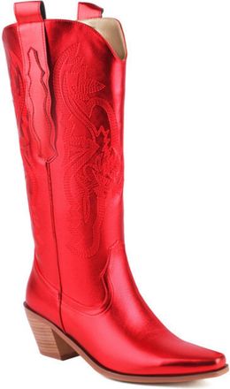 Generic Womens Pull on Knee High Boots with Embroidery Stitched Block Heel Western Cowboy Boot Square Toe PU Leather Long Boots,Red,5.5 UK