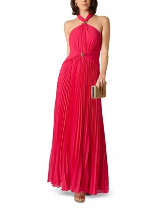 Aidan Mattox Pleated Chiffon Hardware Halter Gown In Pink Cherry