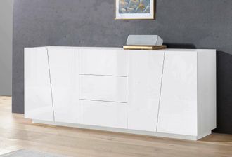 Dmora Aparador Dmicill, Aparador De Cocina Con 4 Puertas Y 3 Cajones, Buffet De Sal&oacute;n, 100% Made In Italy, Cm 220x43h86, Blanco Brillo - Dmora
