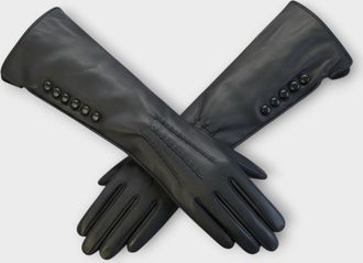 Infinity Leather Womens Long Black Italian Leather Soft Wool Lining Winter Button Design Driving Gloves