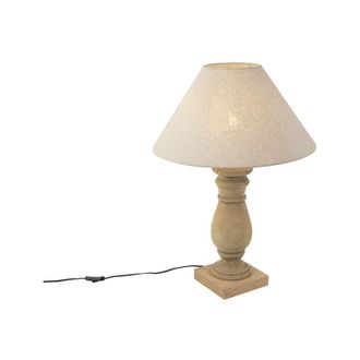 QAZQA Qazqa - R&uacute;stico L&aacute;mpara De Mesa R&uacute;stica Con Pantalla De Lino Beige 50 Cm - Catnip Madera /lino Cil&iacute;ndra /org&aacute;nica /redonda Adecuado Para Led Max. 1 X 