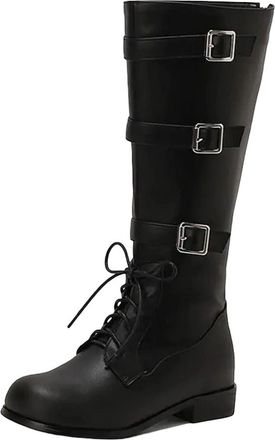 Generic Womens Knee High Riding Boots Round Toe Low Block Heel With Lace Up Front Side Zipper And Adjustable Buckles