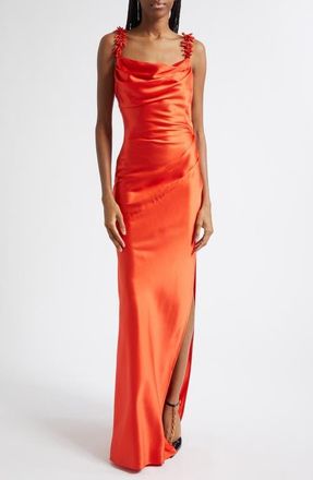Balmain Beaded Strap Fluid Silk Column Gown in Mhj Red/Red at Nordstrom, Size 6 Us