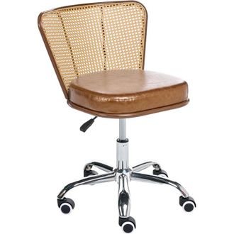 Beliani Silla De Oficina Retro De Piel Sint&eacute;tica Respaldo De Rat&aacute;n Sint&eacute;tico Trenza Vienesa Giratoria Ajustable Marr&oacute;n Roswell
