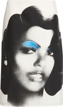 Versace Print Silk Poplin Skirt in White Black Light Blue at Nordstrom, Size 2 Us