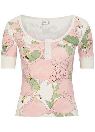 Chlo&eacute; Flamingo-print Stretch-cotton top - Ivory - XL (UK16 / XL)