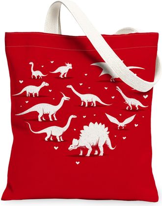 Generic Dinosaur Print Canvas Tote Bags, Cute Animal Pattern Reusable Grocery Bags, Lightweight Washable Shoulder Strap Canvas for, Red, 13x15 Inch