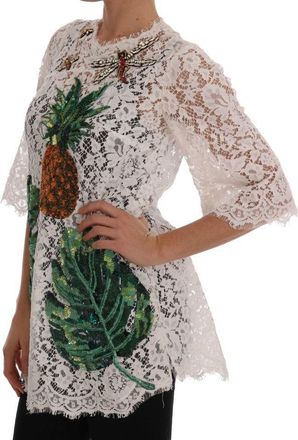 Dolce & Gabbana Womens White Crystal Embellished Lace Blouse Nylon