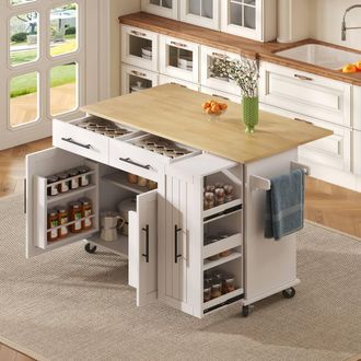 Merax Rolling Kitchen Island Trolley with Drop Leaf & Pull Out Storage in White