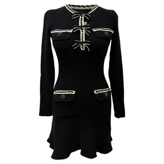 Self Portrait Ribbed Knit Mini Dress in Black Cotton
