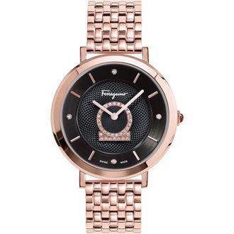 Ferragamo Salvatore Ferragamo Minuetto Diamond Bracelet Watch, 36mm in Rose Gold/Black/Rose Gold at Nordstrom Rack