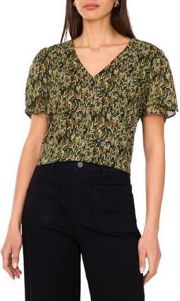 Vince Camuto V-Print Tulip Sleeve Georgette Top in Rich Black at Nordstrom Rack, Size Xx-Large