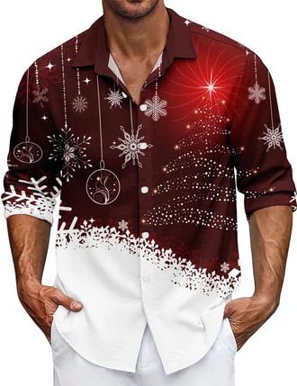 Generic Mens Christmas Shirt Xmas Holiday Party Dress Shirts Long Sleeve Snow Print Christmas Tree Shirt Casual Button Down Tshirt Funny Xmas Hawaiian Shirt f