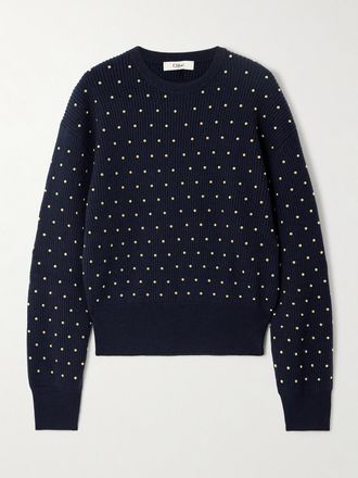 Chloé Pullover In Misto Lana E Cashmere A Coste Con Borchie - Blu
