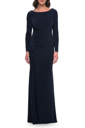La Femme Chic Jersey Long Dress with Ruffle Detail Skirt in Navy at Nordstrom, Size 14