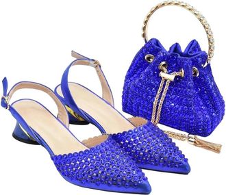 Generic Shoes with Matching Bags Set Decorated with Rhinestone Shoes for Women Mid Heels Party Pumps Heels Blue