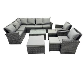 Fimous 11 Seat Rattan High Back Corner Sofa Set with 3 Stools Chair in Dark Grey